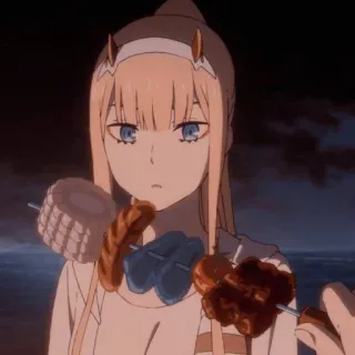 🍢 Zero Two Darling in the Franxx Anime, Dziewczyna, Różowe włosy, Jedzenie, Zero Two telegram sticker