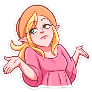 ⏺ elfo, encogerse de hombros, confundido, pregunta, mujer, rubia, dibujos animados telegram sticker