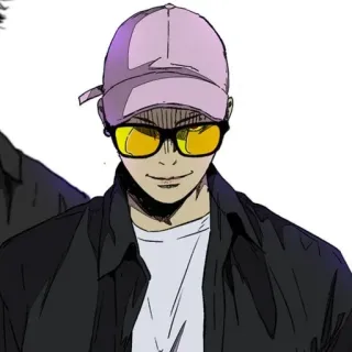 🌩 personaggio, stile anime, cappello rosa, occhiali da sole, uomo whatsapp sticker
