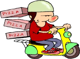 🍕 PIZZA PIZZA PIZZA pizza, nourriture, livraison, scooter, dessin animé, boîtes, homme whatsapp sticker