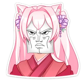 😔 sticker, anime, manga, tai mèo, tóc hồng, mặt giận dữ, meme telegram sticker