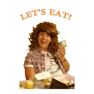😋 LET'S EAT! comida, comiendo, cupcakes, postre, persona, peluca, alegría whatsapp sticker