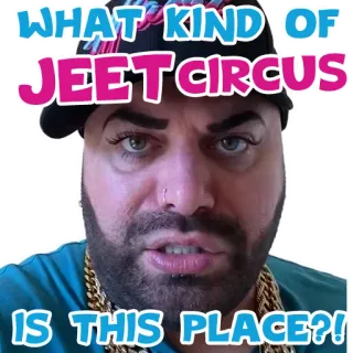🐒 WHAT KIND OF JEET CIRCUS IS THIS PLACE?! Jeet Circus, Оскорбительное, Юмор, Сарказм, Выражение, Мем, Вопрос whatsapp sticker