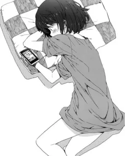 🖤 anime, ragazza, dormire, telefono, sdraiata, camera da letto, cuscino telegram sticker