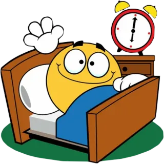 😴 絵文字, 朝, ベッド, 目覚まし時計, 手を振る, 漫画 telegram sticker
