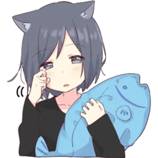 🛏 Anime, Ragazza gatto, Pesce, Piangendo, Triste, Kawaii whatsapp sticker