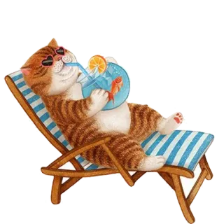 🏖 고양이, 휴식, 해변, 여름, 선글라스, 음료, 만화 telegram sticker