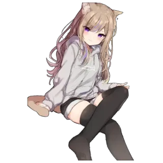 😏 애니메이션 소녀, 고양이 귀, 후드티, 허벅지 양말, 귀여운, 디지털 아트, 일러스트 telegram sticker