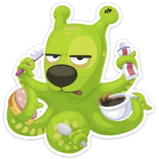 😲 cartone animato, alieno, divertente, polpo, mattina, spazzolino da denti, caffè, cibo telegram sticker