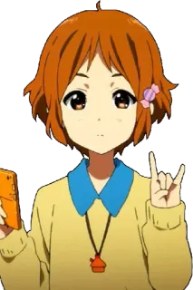 🤘 Yui Hirasawa K-On! Anime, Dziewczyna, Kreskówka, Słodkie, Postać, Znak pokoju telegram sticker