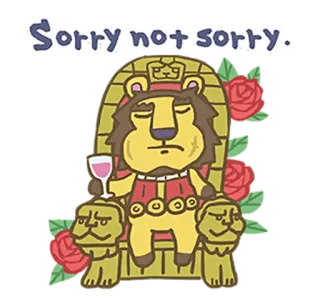 👑 Sorry not sorry. leão, trono, rei, desenho animado, desculpa, sem remorso whatsapp sticker