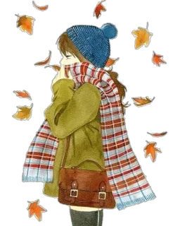 🍁 애니메이션, 소녀, 겨울, 가을, 나뭇잎, 머플러, 모자 telegram sticker