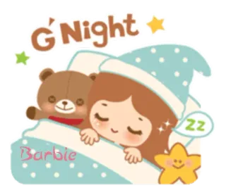 👋 Barbie G'Night Barbie спокойной ночи, спящий, плюшевый мишка, мультфильм, милый, сон, ночь telegram sticker