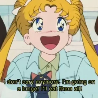 🍰 Sailor Moon I don't care anymore. I'm going on a binge! I'll eat them all! Anime, Sailor Moon, Maraton, Makanan, Kartun whatsapp sticker