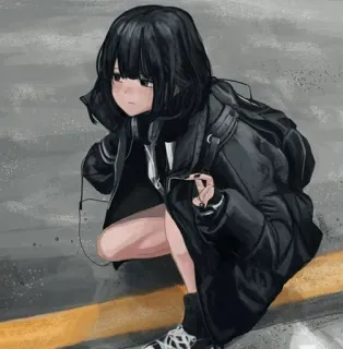 🩸 anime girl, squatting, headphones, black hair, middle finger telegram sticker
