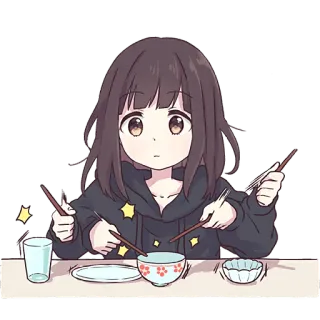 😟 anime, eating, girl, chopsticks, food, cute whatsapp sticker