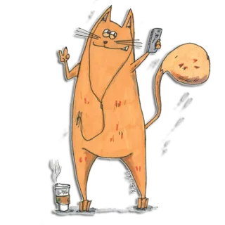 ✌ кот, селфи, мультфильм, телефон, кофе, знак мира telegram sticker