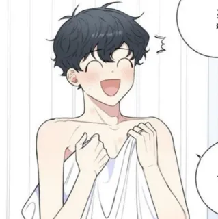 🐚 аниме, парень, полотенце, улыбается, счастливый, милый whatsapp sticker