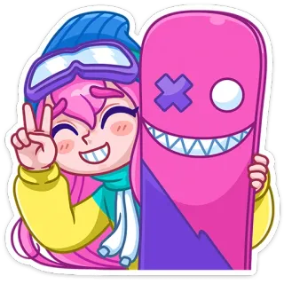 ✌️ Snowboard, Sport invernali, Cartone animato, Adesivo, Snowboarder, Capelli rosa, Segno di pace telegram sticker