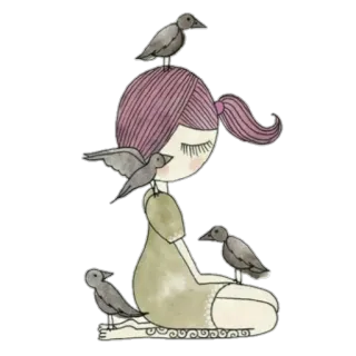 🐦 ragazza, uccelli, acquerello, carino, illustrazione, stravagante telegram sticker