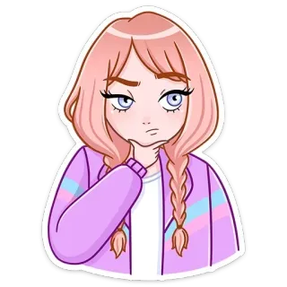 🤔 cartoon, girl, pink hair, braids, cute, sticker telegram sticker