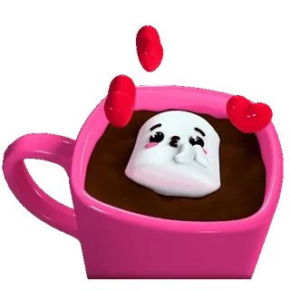 🥰 Marshmallow, Chocolate quente, Fofo, Kawaii, Coração, Caneca rosa, Inverno, Bebida whatsapp sticker