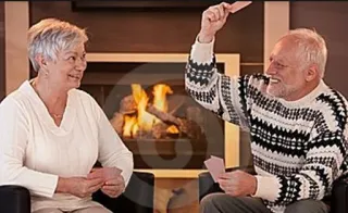 ♦️ seniors, elderly couple, fireplace, playing cards, indoor telegram sticker