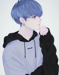 🤔 mnt anime cowok, rambut biru, kartun, hoodie, korea telegram sticker