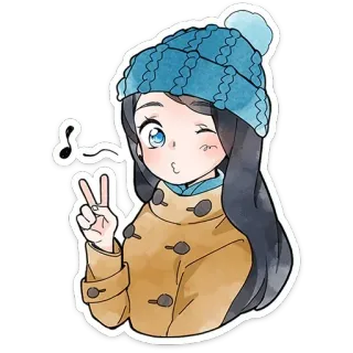 ✌️ inverno, menina, desenho animado, sinal de paz, fofo, chapéu, casaco, ilustração telegram sticker