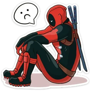 😞 Deadpool เดดพูล, มาร์เวล, ซูเปอร์ฮีโร่, การ์ตูน, เศร้า, คาตานะ, อาวุธ telegram sticker