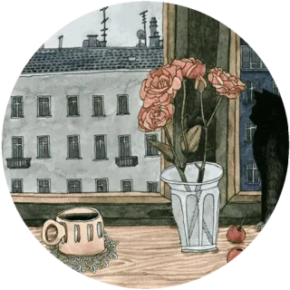 🌸 цветы, окно, кот, кофе, здание, ваза, натюрморт telegram sticker