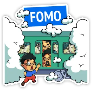 🚃 FOMO FOMO, paura di perdersi qualcosa, treno, ansia sociale, folla, persone, cartone animato telegram sticker