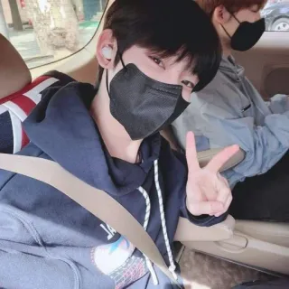 ✌️ person, mask, peace sign, indoors, korean, sitting telegram sticker