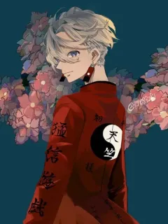 🌟 @erebeeki Anime, Personaggio, Giacca rossa, Yin Yang, Fiori, Illustrazione telegram sticker