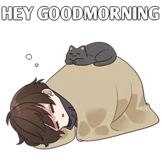 ✨ HEY GOODMORNING buongiorno, dormire, gatto, stanco, cartone animato, letto, mattina whatsapp sticker