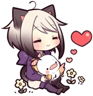 💜 Anime, Chibi, Mignon, Kawaii, Oreilles de chat, Coeur, Fleurs, Art numérique whatsapp sticker