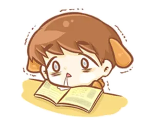 😫 Cartoon, Hond, Jongen, Boek, Studeren, Gestresst, Uitgeput telegram sticker