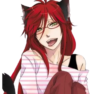 😜 Anime, Katzenohren, rote Haare, Brille, Lächeln, Cartoon telegram sticker