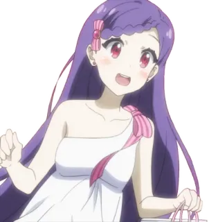 😚 anime, girl, purple hair, pink bow, white dress telegram sticker