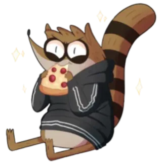 😊 Rigby Regular Show szop pracz, kreskówka, jedzenie, pizza, je, postać, Zwyczajny serial telegram sticker