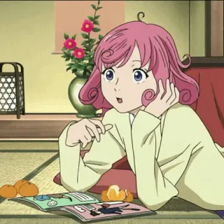 💈 Anime, Meisje, Lezen, Kotatsu, Oranje, Cartoon, Binnen, Roze haar whatsapp sticker