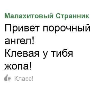 👙 Малахитовый Странник
Привет порочный ангел!
Клевая у тибя жопа!
Класс! テキスト, ロシア語, 攻撃的, ステッカー telegram sticker