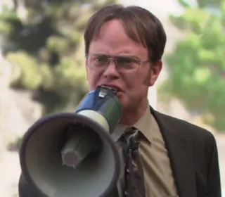 🔉 Dwight Schrute The Office Dwight Schrute, The Office, Mégaphone, NBC, Télévision, Comédie, Personnage, Drôle telegram sticker