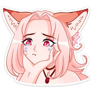 😭 anime girl, fox ears, crying, sad, pink, cartoon whatsapp sticker