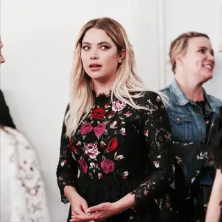 🦄 ashley benson, actress, celebrity, floral dress, blonde, woman, portrait telegram sticker