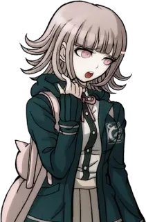 😒 Chiaki Nanami Danganronpa anime, video game, character, pink hair, backpack telegram sticker