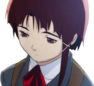 ✂ Lain Iwakura Serial Experiments Lain anime, gadis, potret, kartun, rambut cokelat, serius, sedih telegram sticker