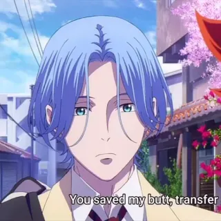 💎 You saved my butt, transfer anime, blue hair, portrait, serious, text telegram sticker