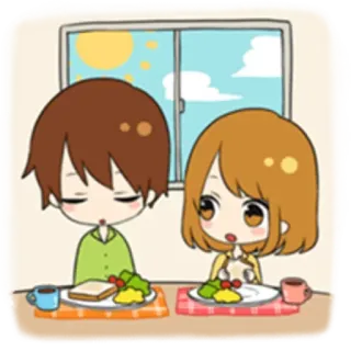 🍲 casal, café da manhã, manhã, torrada, café, desenho animado whatsapp sticker