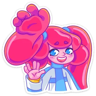 👋 dessin animé, cheveux roses, personnage, vague, salutation, amical whatsapp sticker